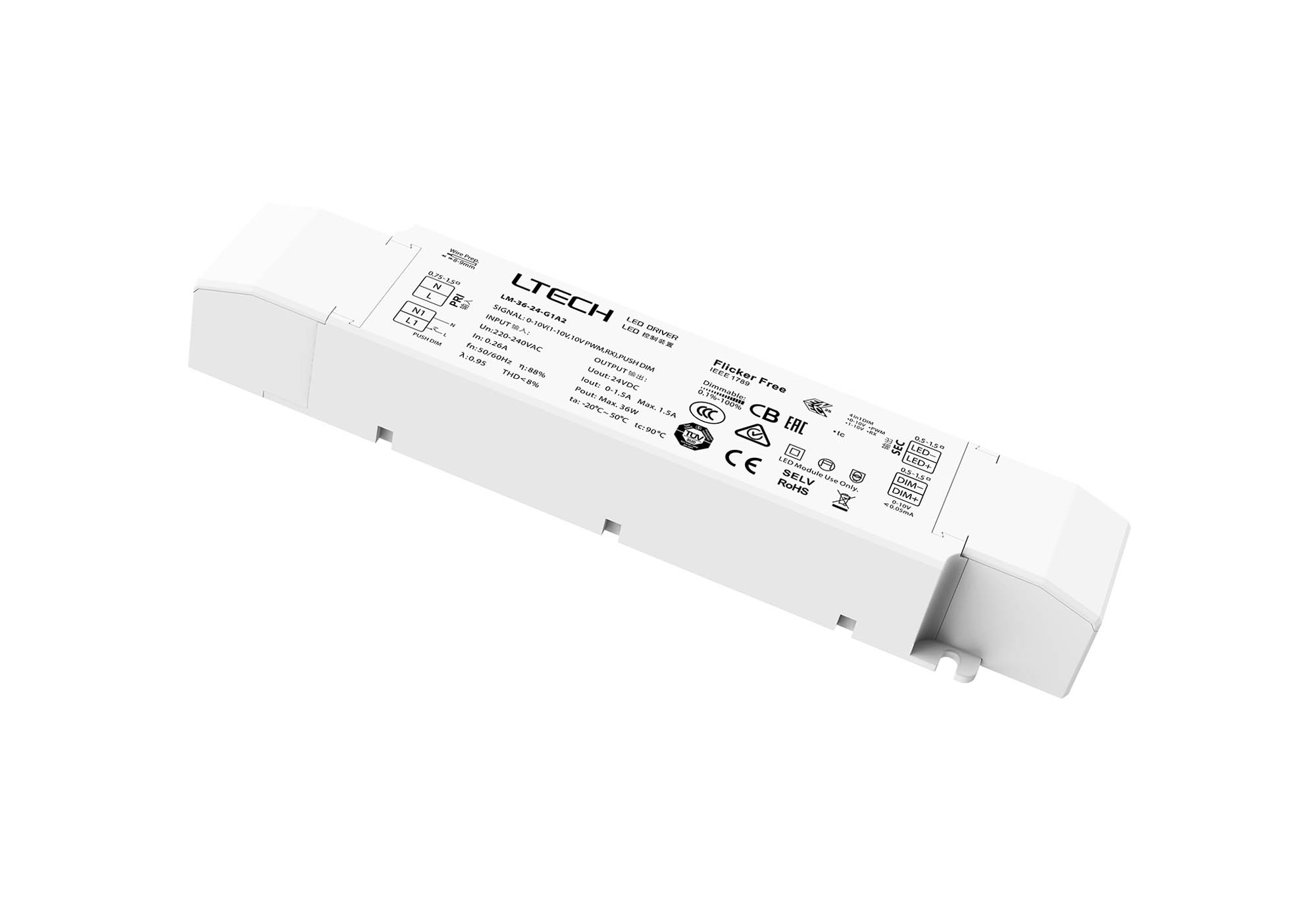 LM-36-24-G1A2  0-10V/1-10V/10V PWM/RX/Push DIM, 0-100% Dim, CV 36W, 24Vdc 1.5A, 200-240Vac, IP20, 5yrs Warranty.